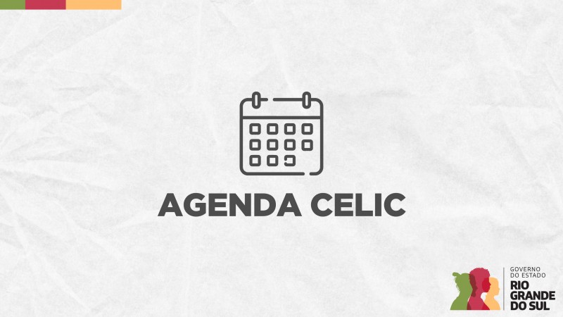 Card em fundo cinza, no qual está escrito Agenda Celic ao centro, logo abaixo de um ícone que representa um calendário. No canto inferior direito está a logomarca utilizada pela gestão 2023-2026 do governo do Rio Grande do Sul.